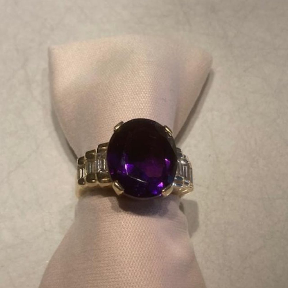 14K Yellow Gold Amethyst and Diamond Ring